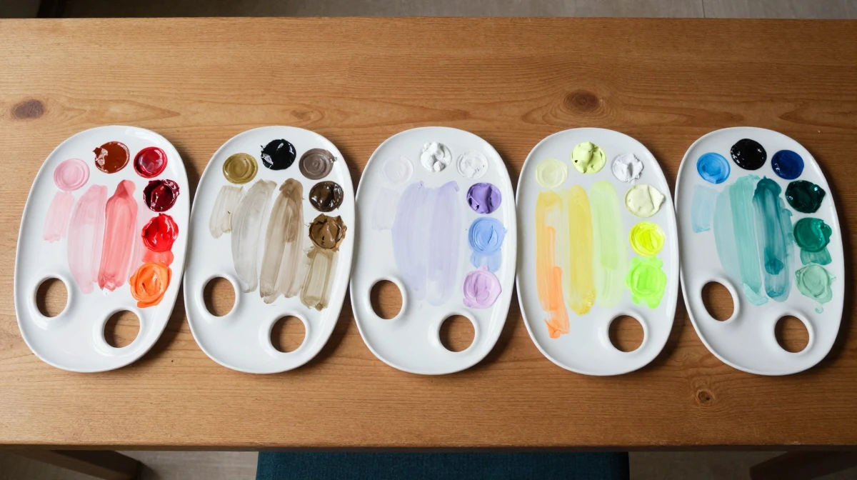 Close-up of a designer's screen showing four different AI-generated portrait variations using different LoRA style combinations, warm desk lamp lighting