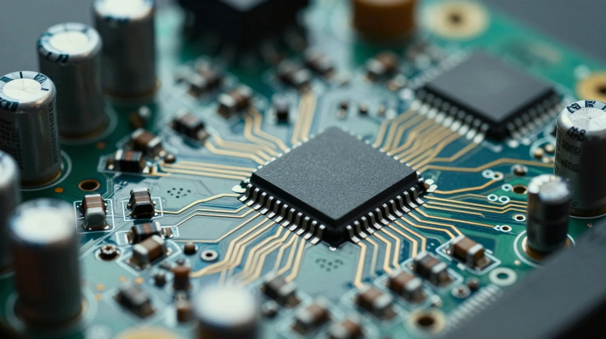 Extreme macro photography of electronic circuit board showing intricate pathways