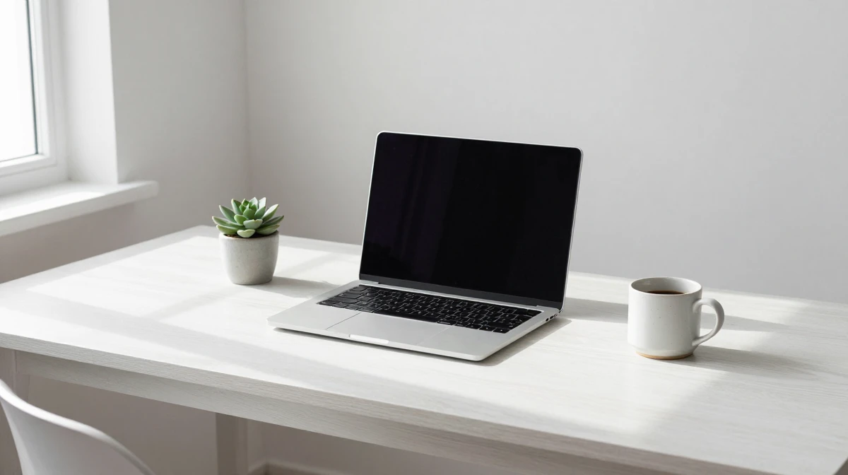 Clean minimalist creative workspace featuring a single MacBook laptop centered