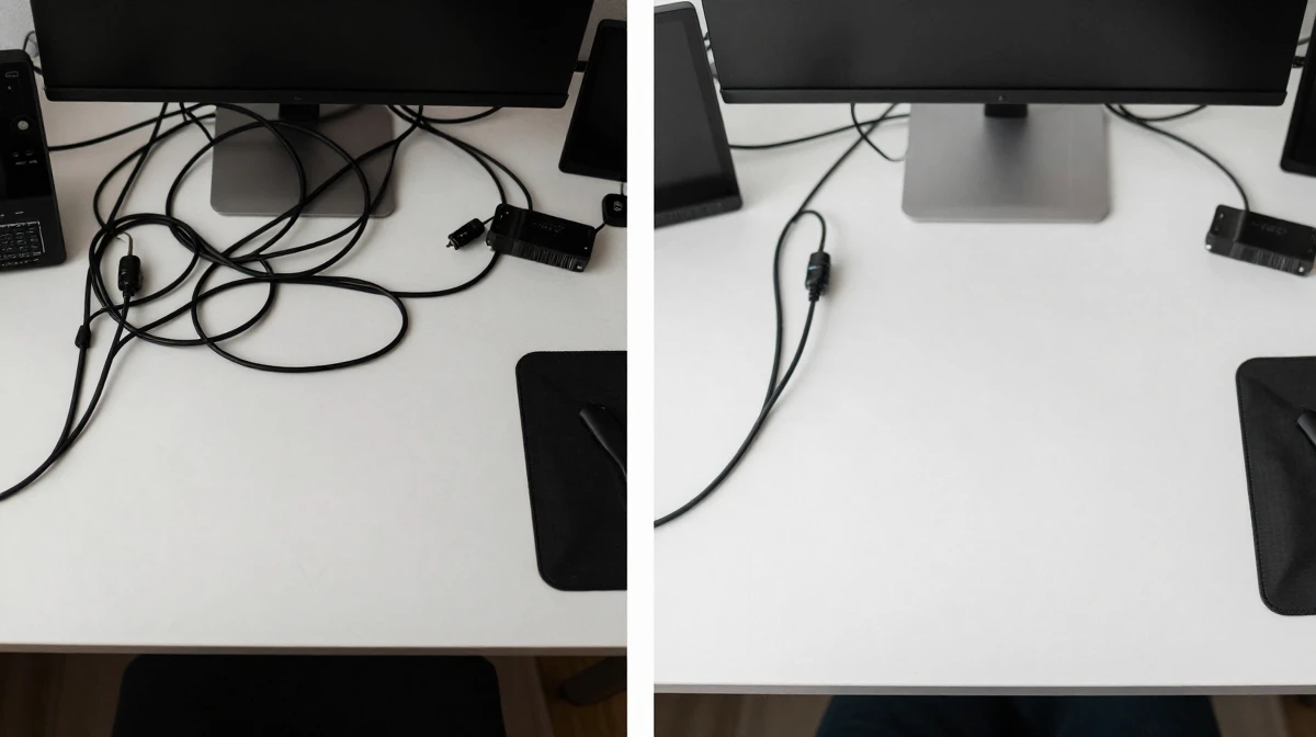 Side-by-side comparison of two workbenches - left showing complex tangled
