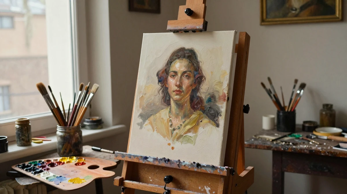 Traditional portrait artists studio featuring wooden easel with partially completed