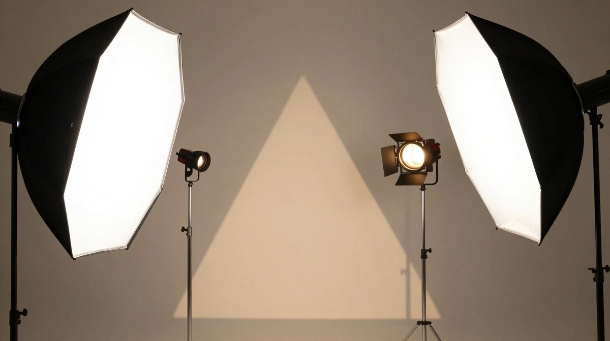 Professional video production three-point lighting setup with large key light