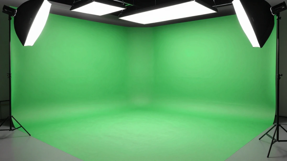 Professional green screen studio with seamless chroma key green backdrop