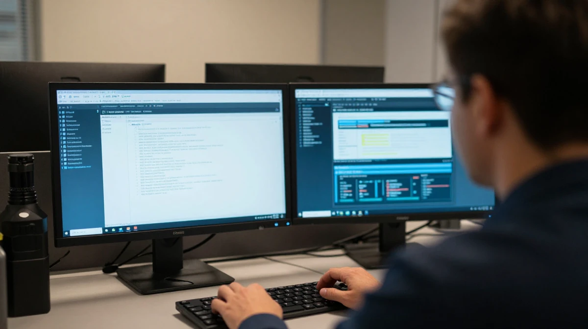 Professional forensic digital analyst at workstation with dual professional monitors