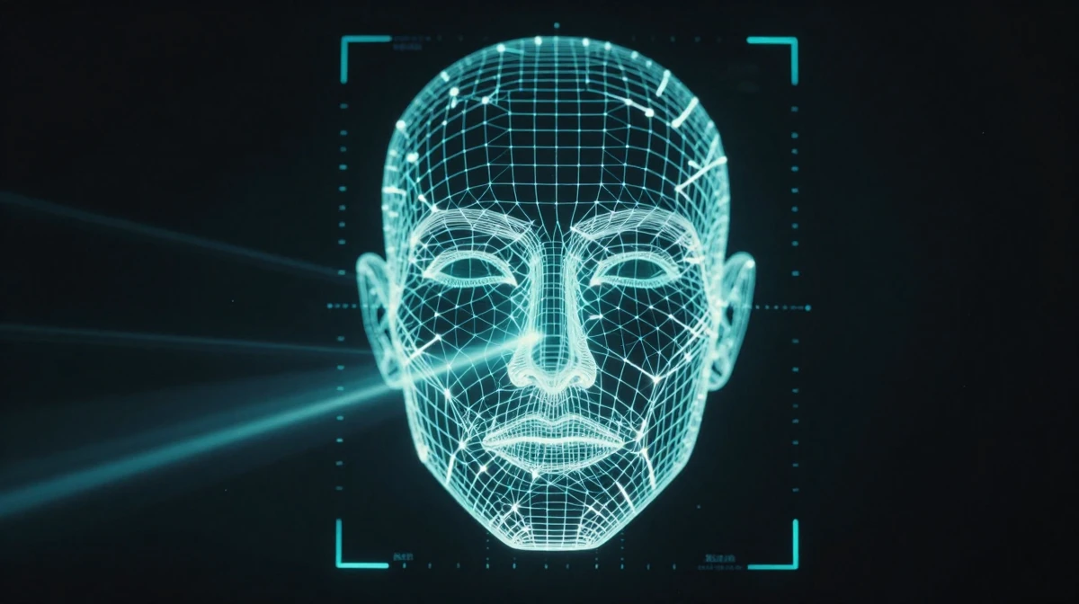 Futuristic biometric face scanning concept showing geometric lines and measurement