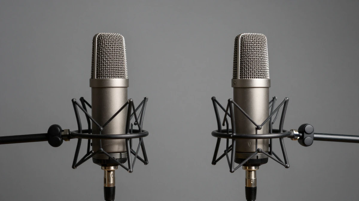 Two identical professional studio condenser microphones positioned side by side