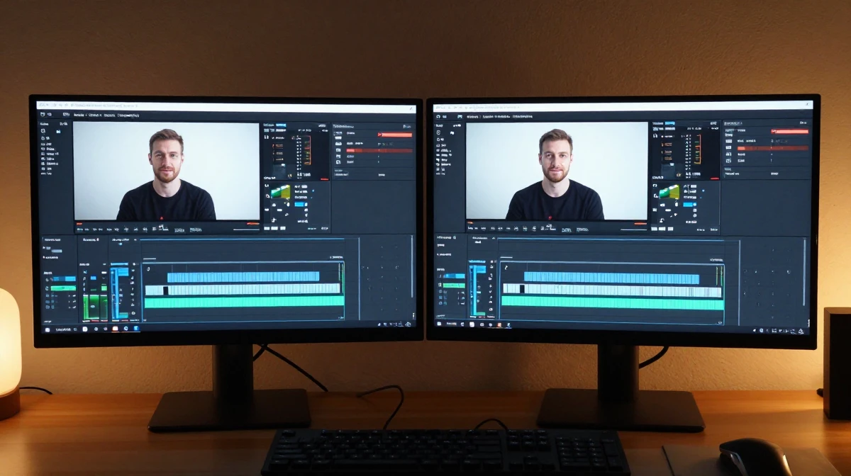 Professional video editing suite featuring dual identical monitors side by