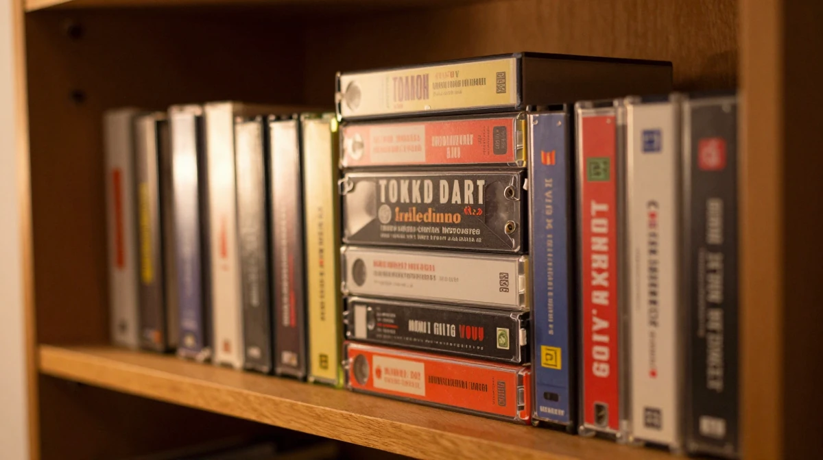 Nostalgic stack of VHS videotape cassettes in their colorful cardboard