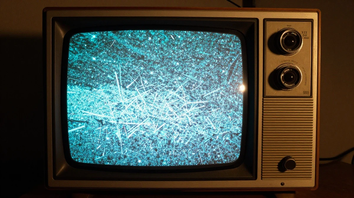 Vintage CRT television from the 1990s displaying glowing static snow