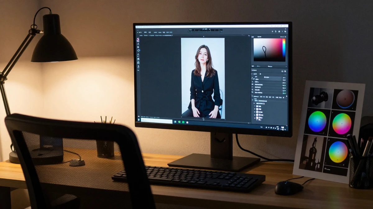 Professional photo post-processing workspace featuring color-calibrated monitor showing photo editing