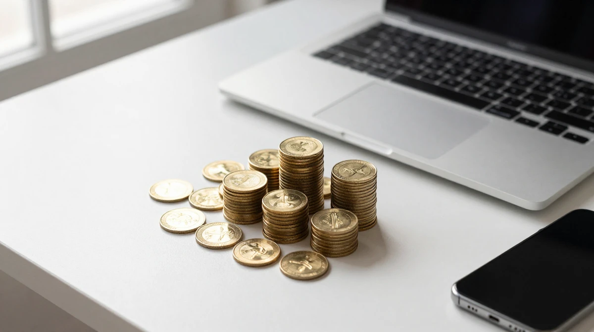 Stacks of gold coins arranged on a modern minimalist desk