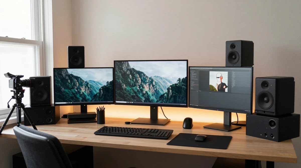 Creative freelancers home studio featuring multiple monitors
