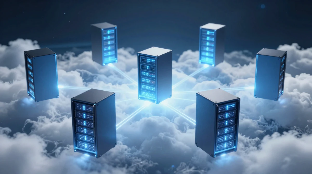 Abstract cloud computing concept showing illuminated server racks appearing to