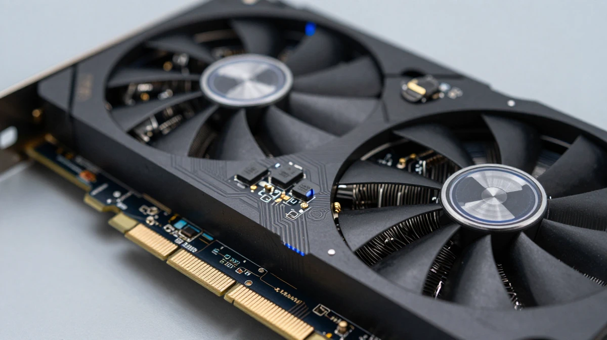 Extreme close-up of high-end graphics processing unit (GPU) card showing