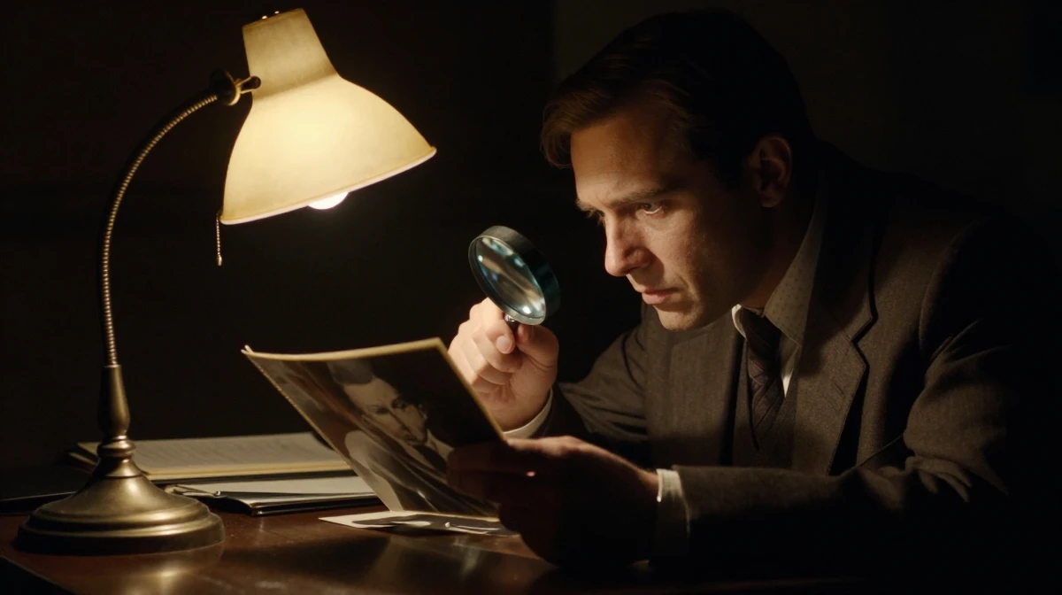 Film noir style detective examining a photograph with a magnifying