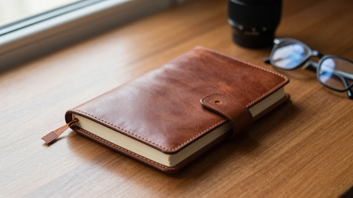 Premium leather-bound journal with elastic closure band resting on polished