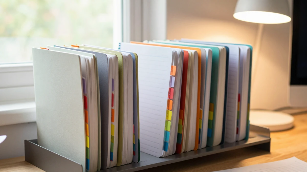 Collection of organized notebooks with colorful tabbed dividers visible along