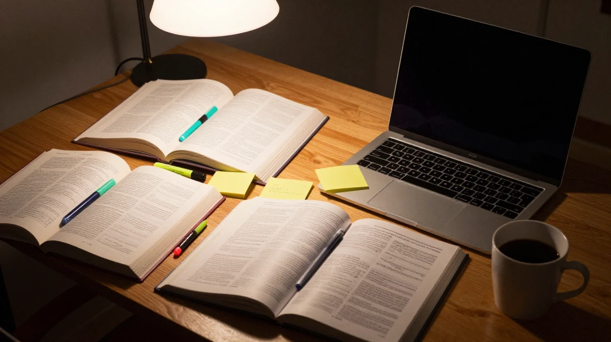 Academic research workspace showing open books