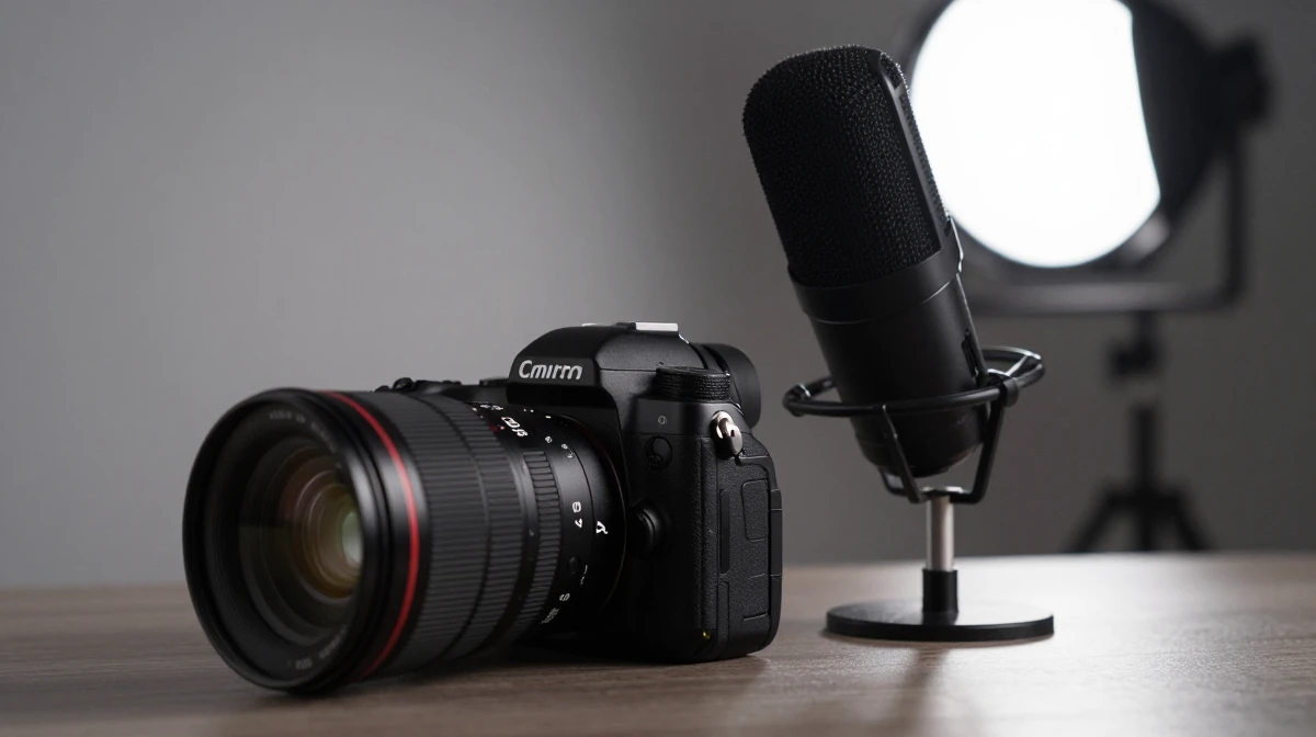 Professional camera positioned adjacent to studio microphone on desk