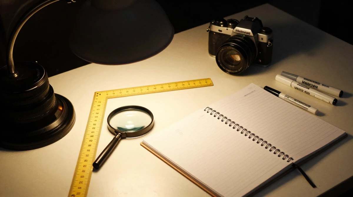 Detective or investigator workspace featuring organized tools - magnifying glass