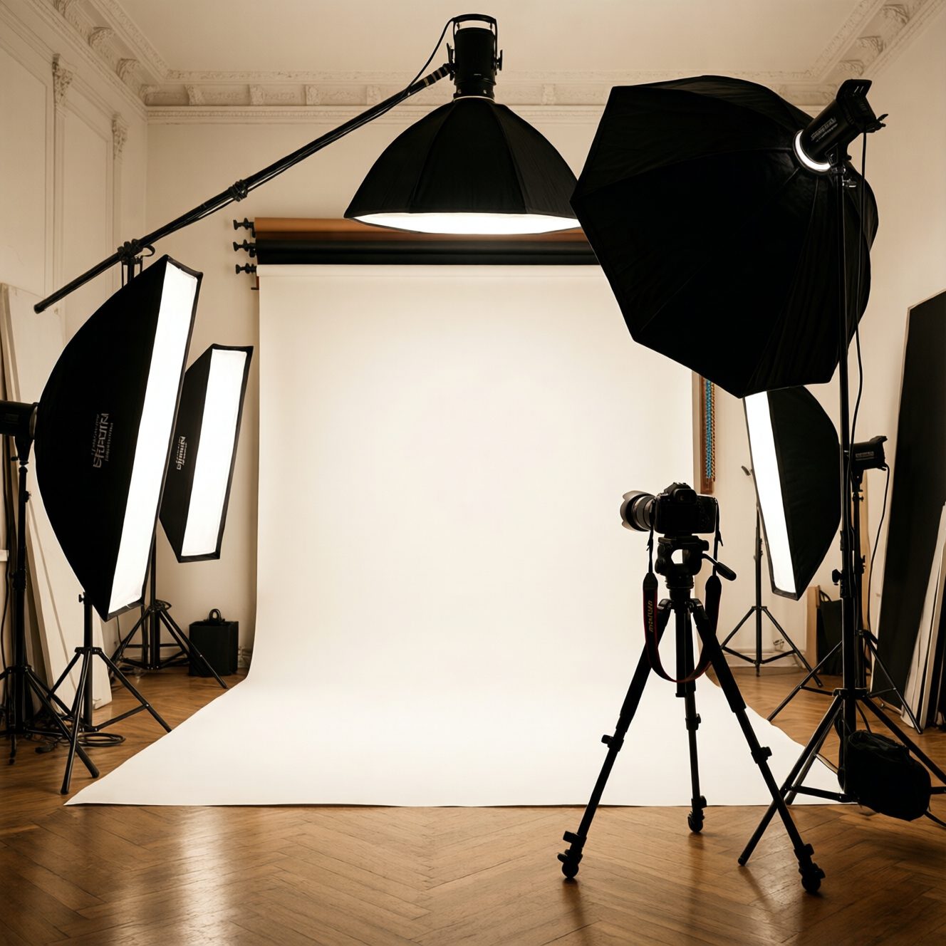 Professional photography studio interior with lighting equipment softboxes and white backdrop for headshot sessions
