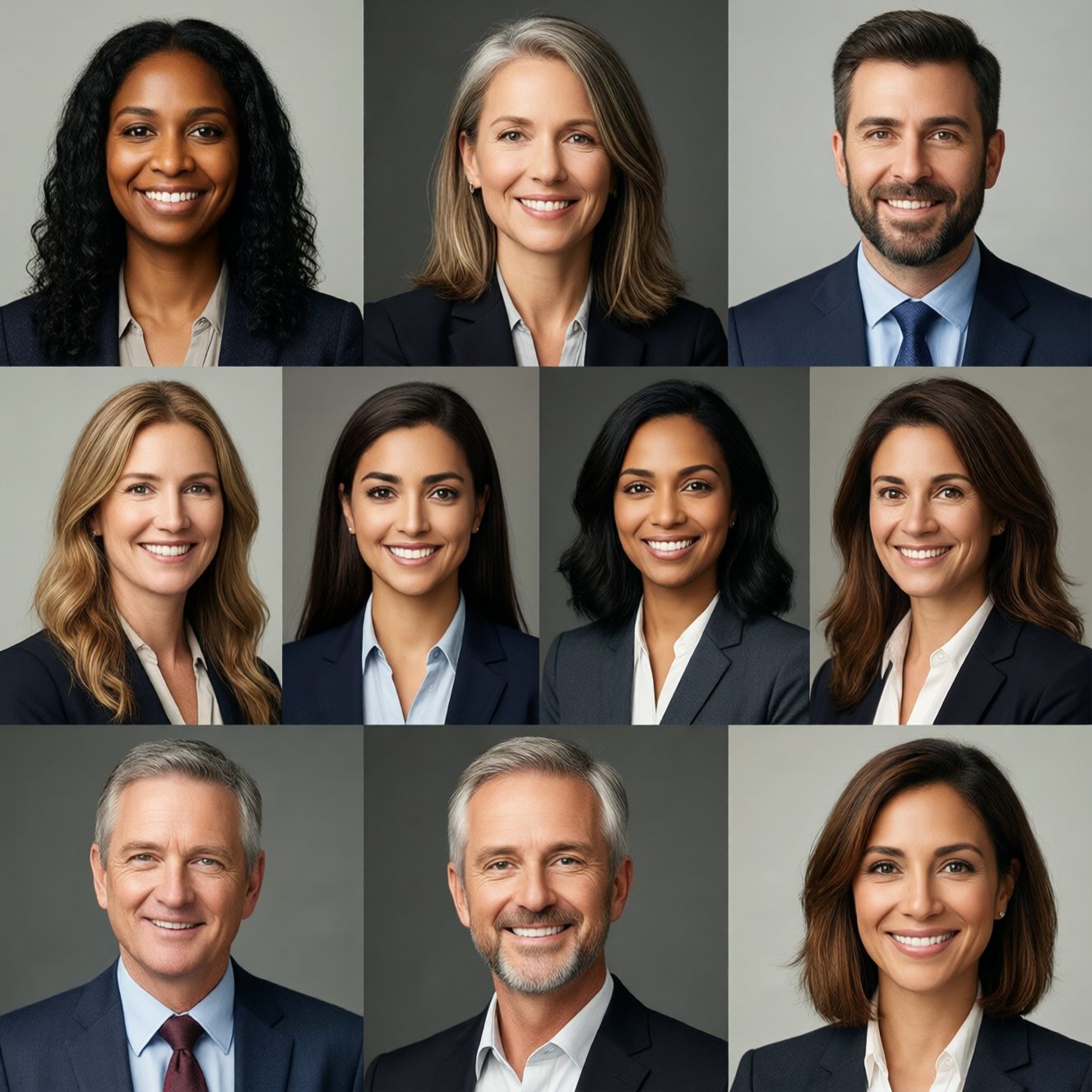 Grid of diverse professional corporate headshots with studio lighting