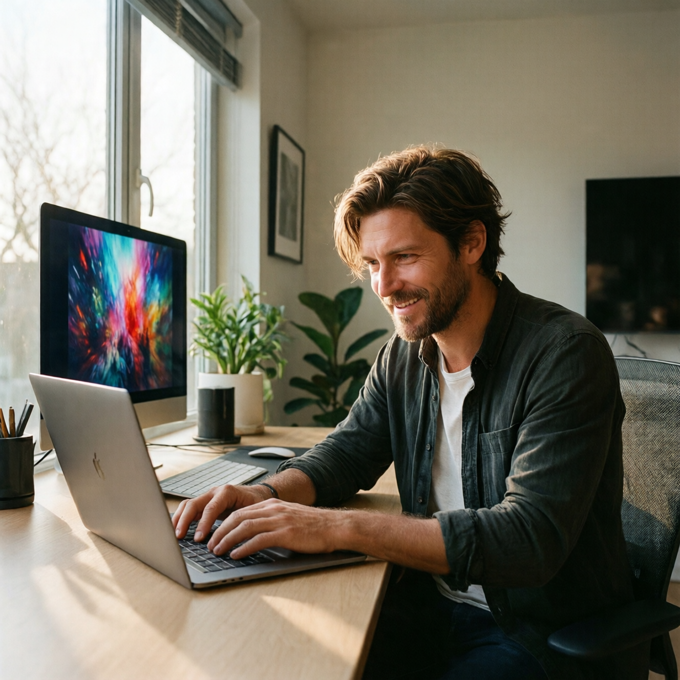 Content creator using AI video enhancement tools on laptop in modern workspace with natural lighting