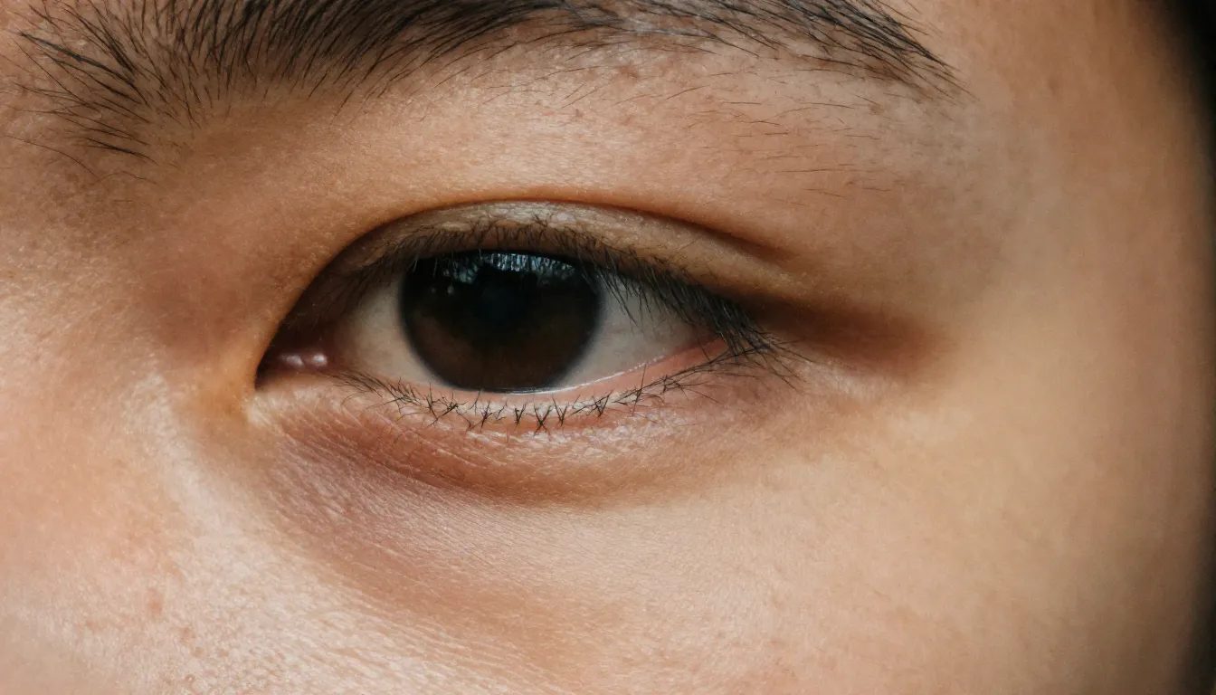 Close-up showing natural skin texture and film grain in a photorealistic image