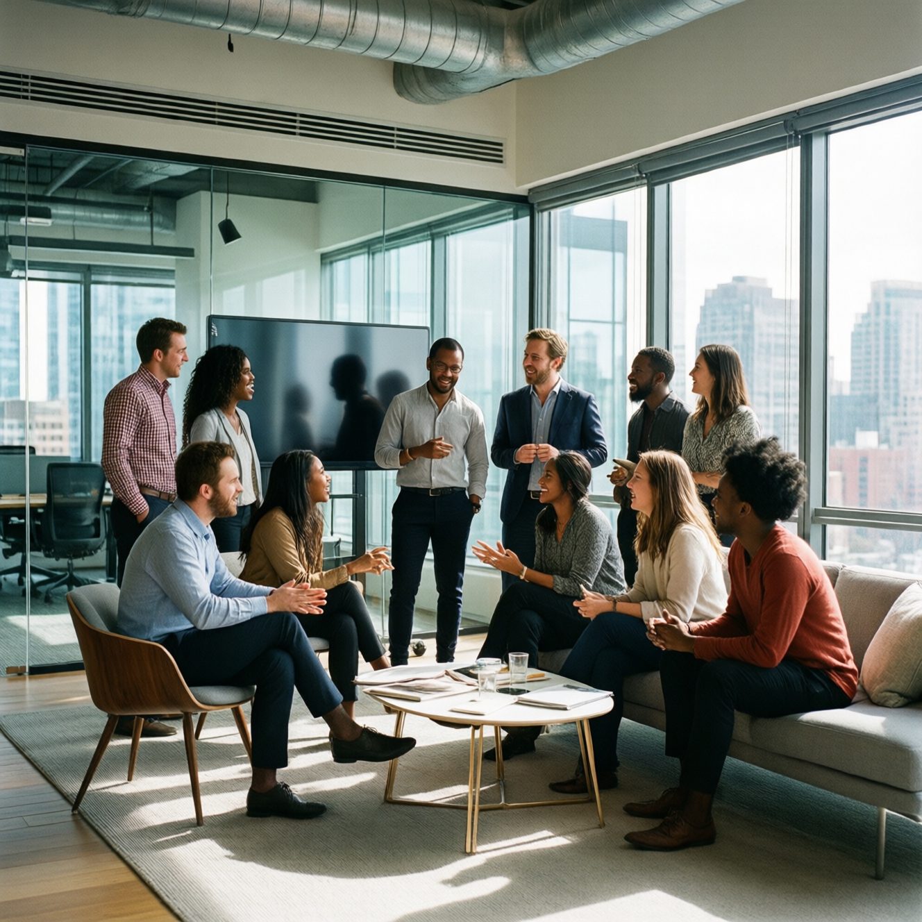 Marketing team collaborating on AI content creation strategy in modern glass office with city view