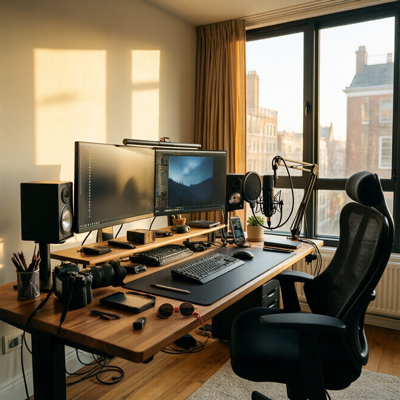 Professional content creator workspace with dual monitors showing AI video generation tools microphone and camera setup