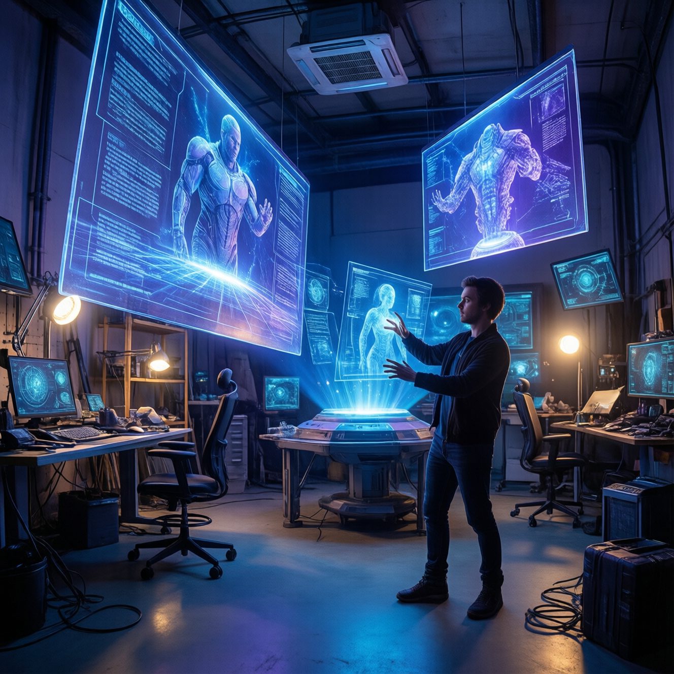 Futuristic AI content creation with holographic displays