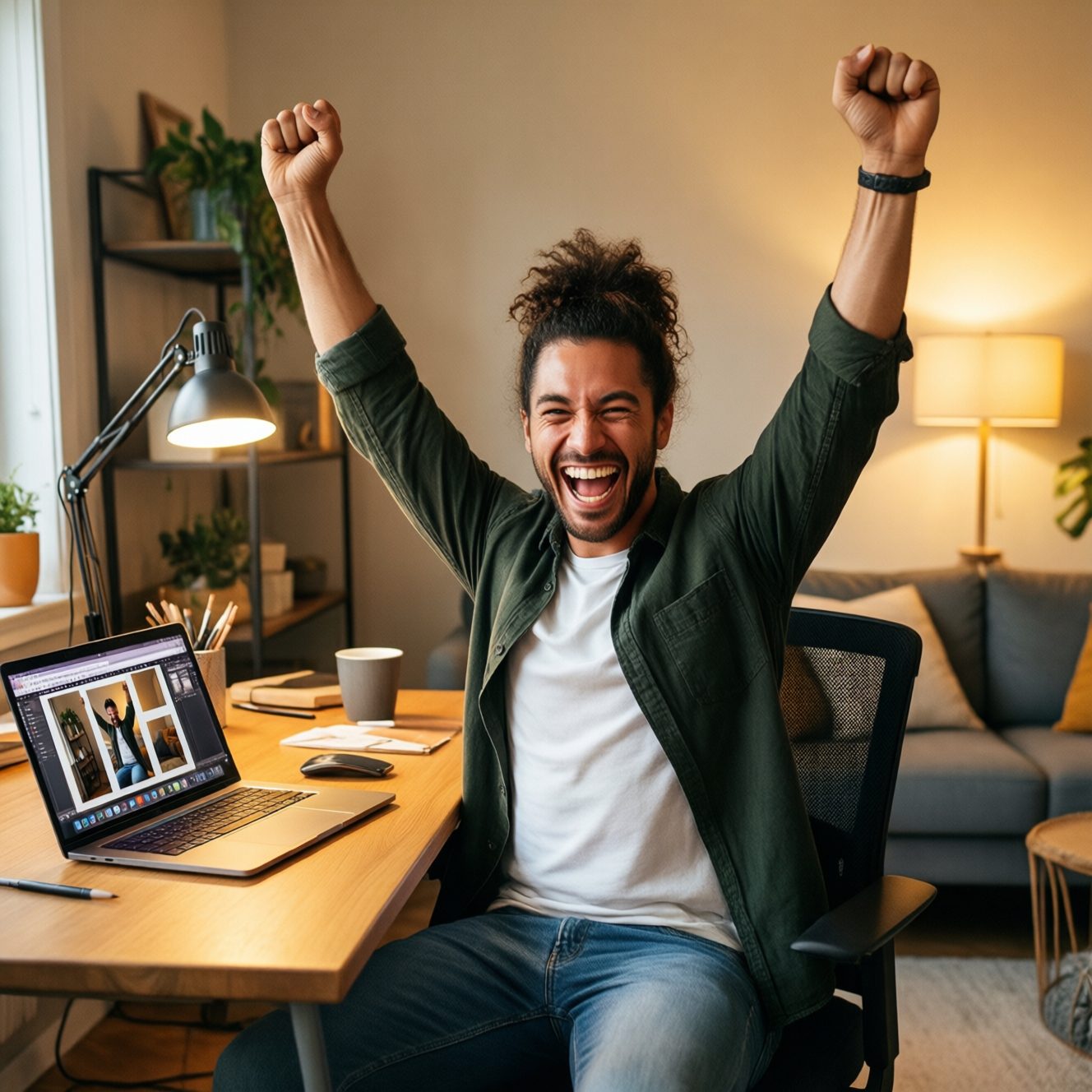 Excited creator celebrating successful content launch