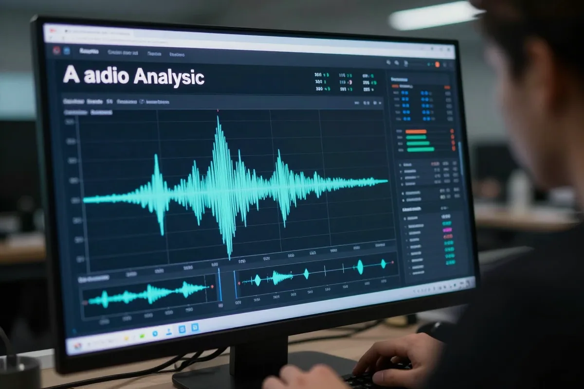 AI audio forensic analysis dashboard showing spectral waveform patterns and detection confidence scores