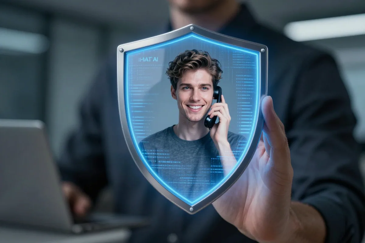 Voice clone scam defense concept showing digital shield protecting against AI voice fraud on phone calls