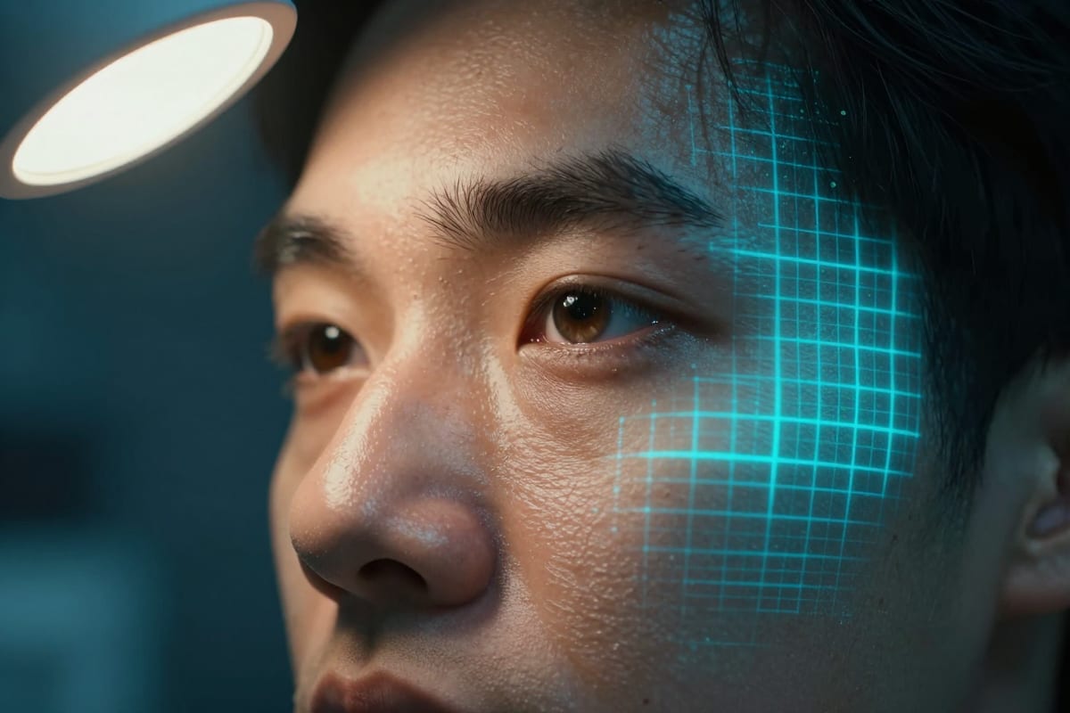 Forensic analysis of deepfake visual signs showing facial landmark detection and skin texture anomalies