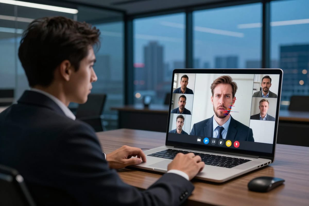 Corporate video call deepfake fraud scenario showing detection warning on manipulated participant