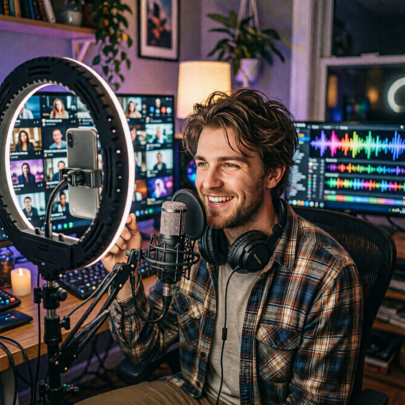 Content creator in home studio with AI tools