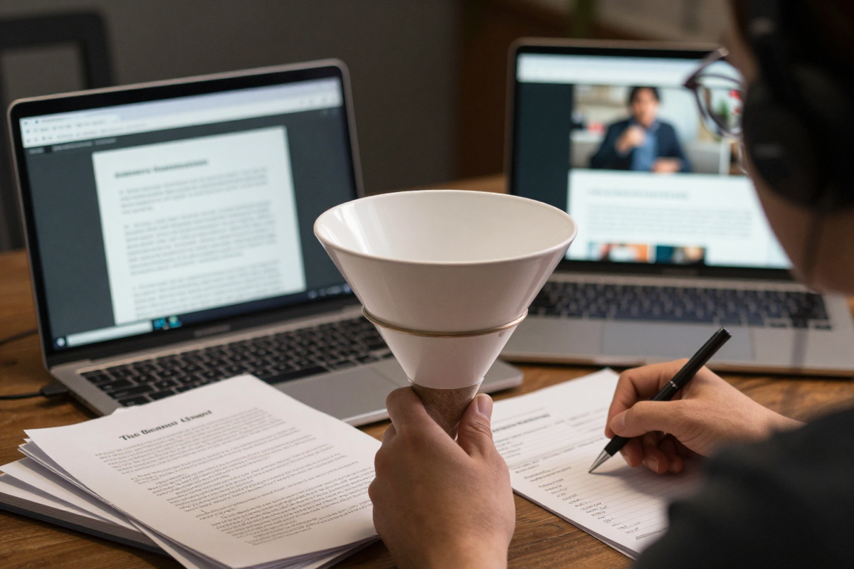 Digital notebook transforming into audio waves showing document to podcast conversion