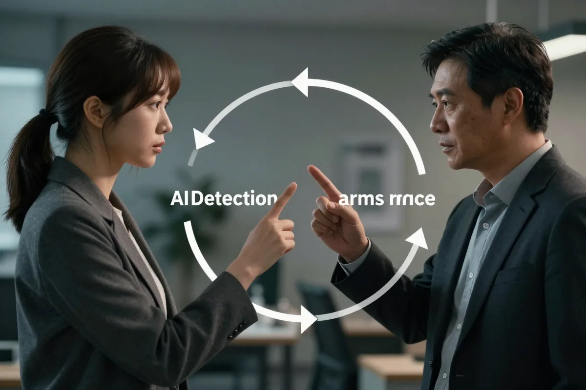 Visualization of the AI detection arms race showing adversarial cycle between generators and detectors