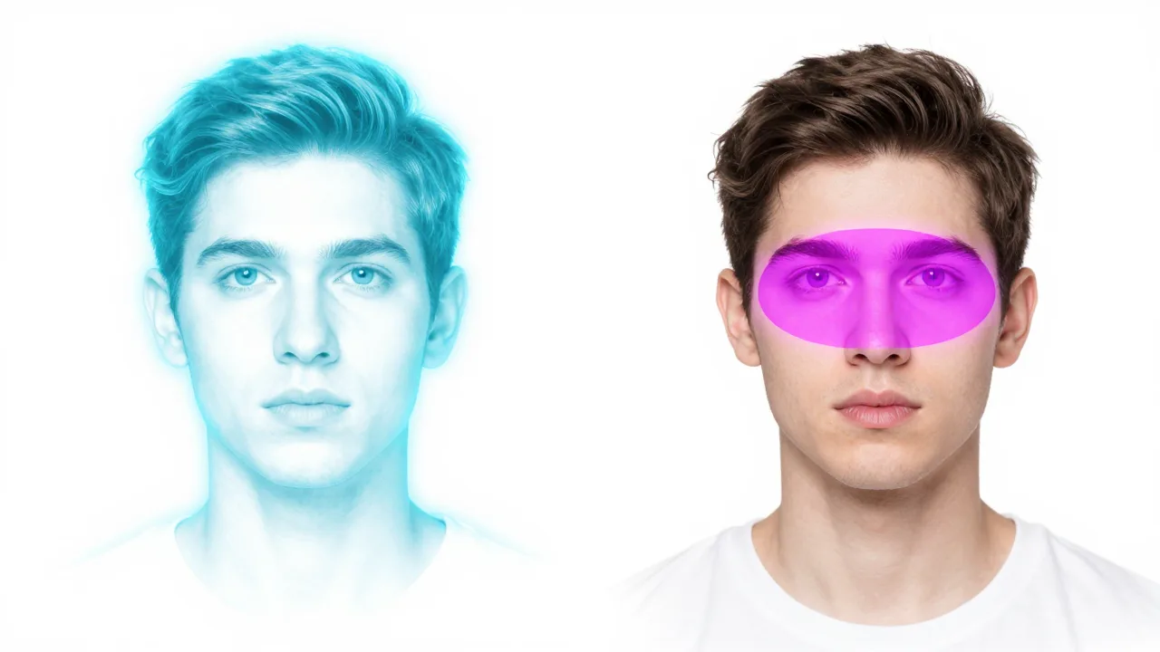 Head swap vs face swap comparison infographic: a two-column checkmark grid showing head swap moves hair, head shape, angle and skin tone while face swap only moves eyes, nose and mouth