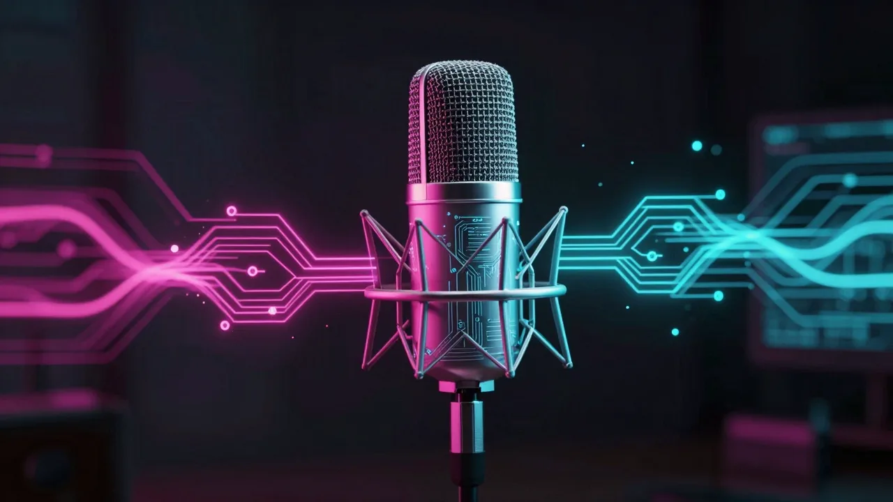 A studio microphone wrapped in glowing data streams representing AI voice analysis