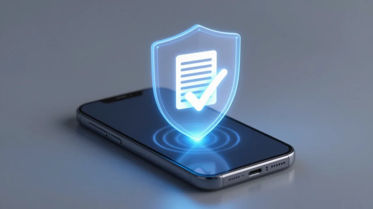 A smartphone scanning an audio clip behind a security shield to verify whether a voice is AI-generated