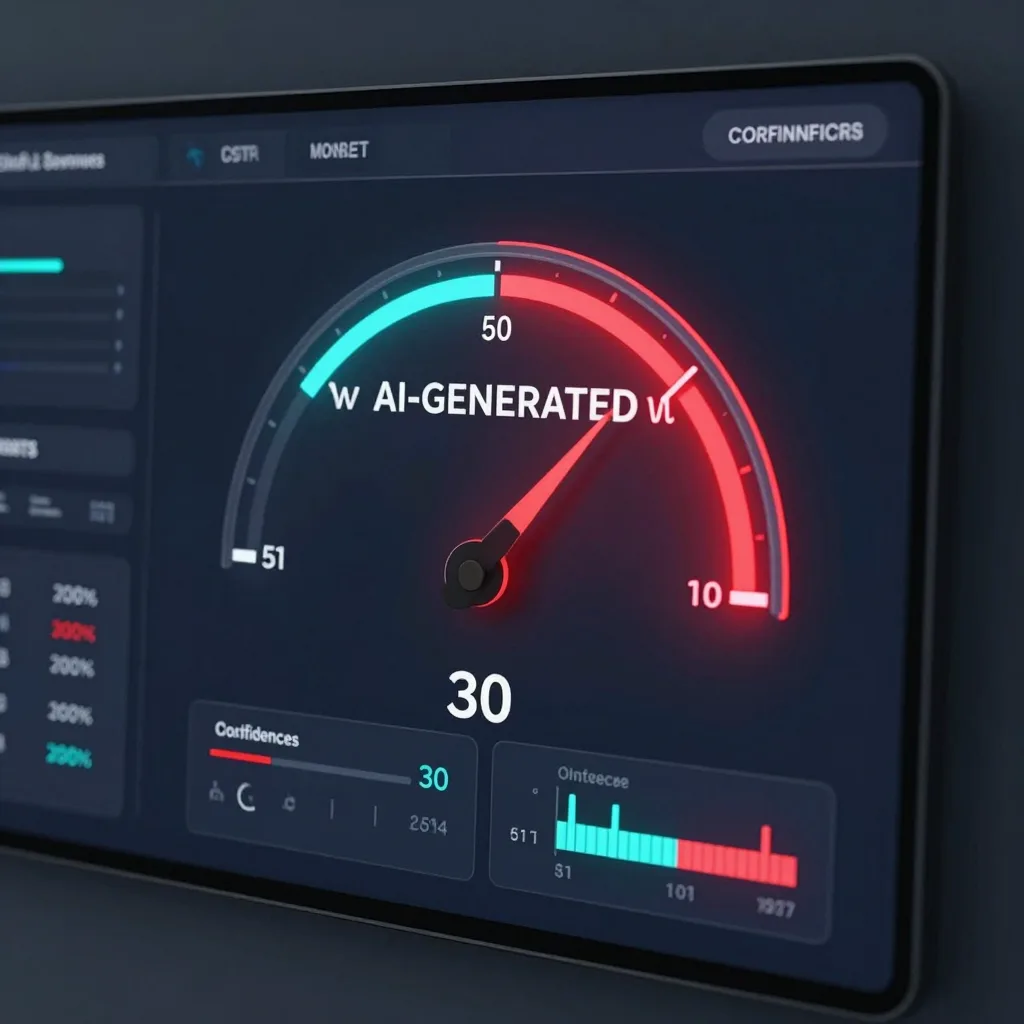 AI voice detector result dashboard with a gauge pointing to an AI-generated probability