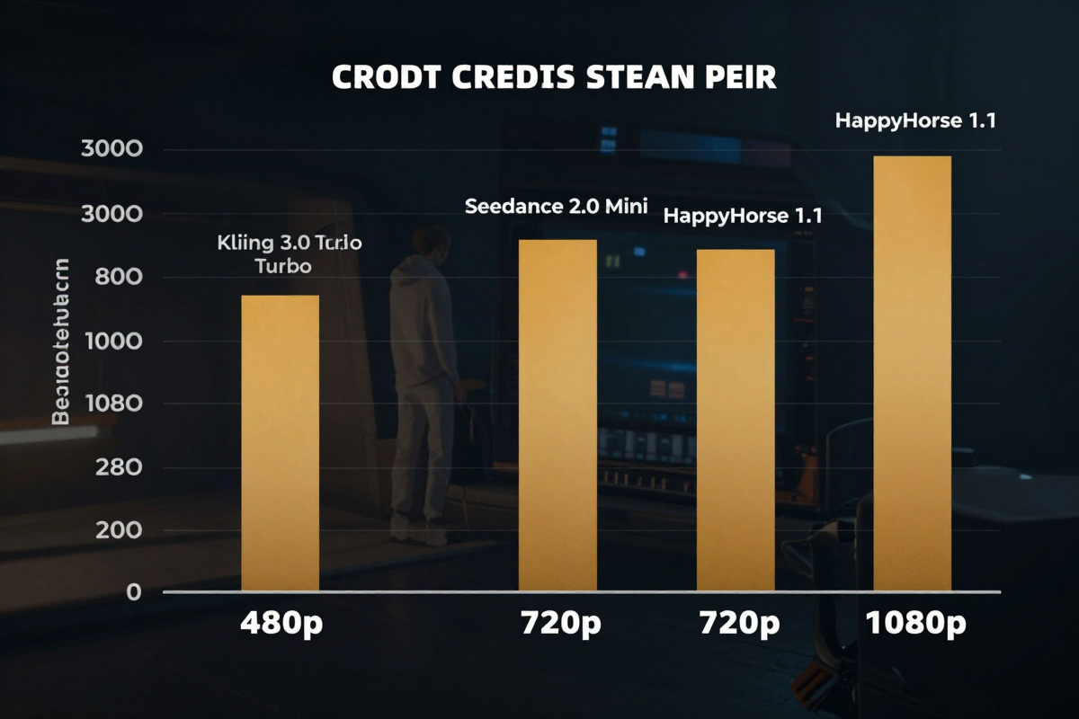 Data visualization showing a bar chart comparing credits per second for Kling 3.0 Turbo, Seedance 2.0 Mini, and HappyHorse 1.1 across 480p, 720p, and 1080p resolutions on a dark background with amber accent bars