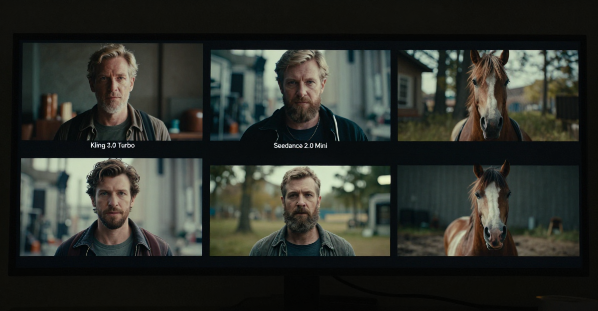 Three cinematic AI-generated video frames side by side on a professional editing monitor in a dimly lit production suite, showing a cityscape, a portrait, and a nature scene