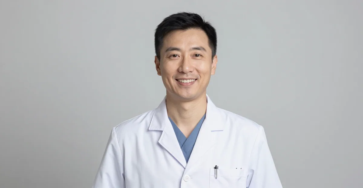 AI-generated physician headshot wearing a white medical coat on a clean clinical background