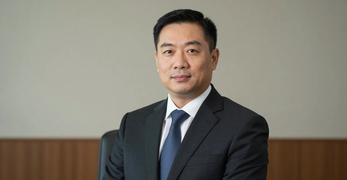 AI-generated attorney headshot in a dark tailored suit on a neutral law-office backdrop