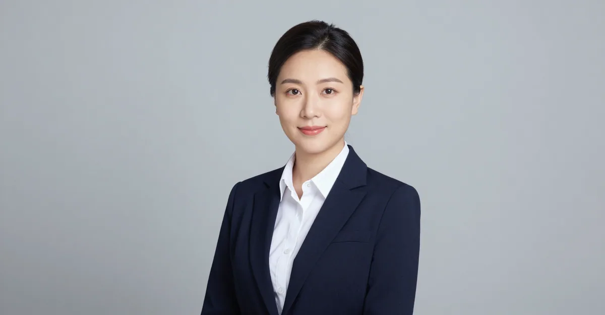 AI-generated professional LinkedIn headshot of a person in a navy blazer on a neutral studio background