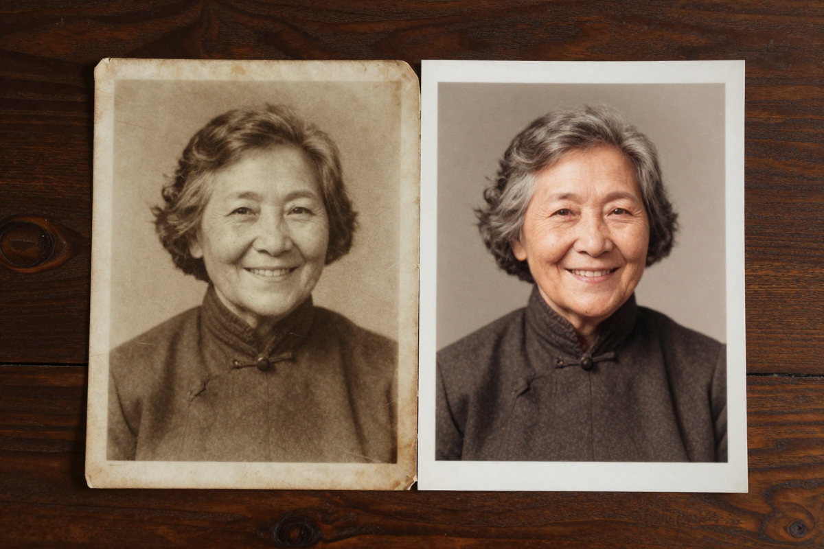 Old damaged portrait photo next to its restored version — before and after AI photo restoration