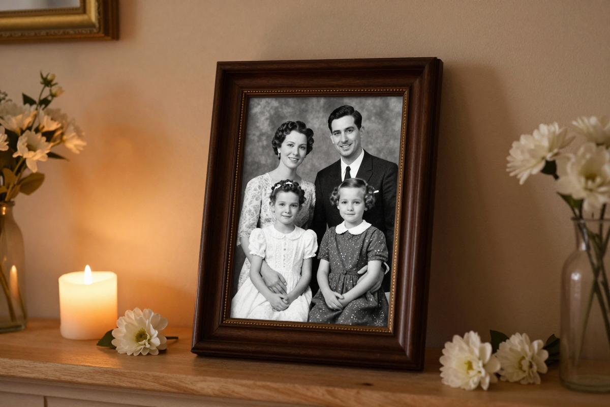 Restored vintage family portrait printed and framed on a mantel as a keepsake